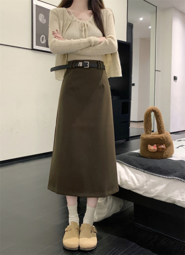 Actual shot ~ New solid color woolen skirt for women, high-waisted slimming straight A-line slit hip-covering mid-length skirt