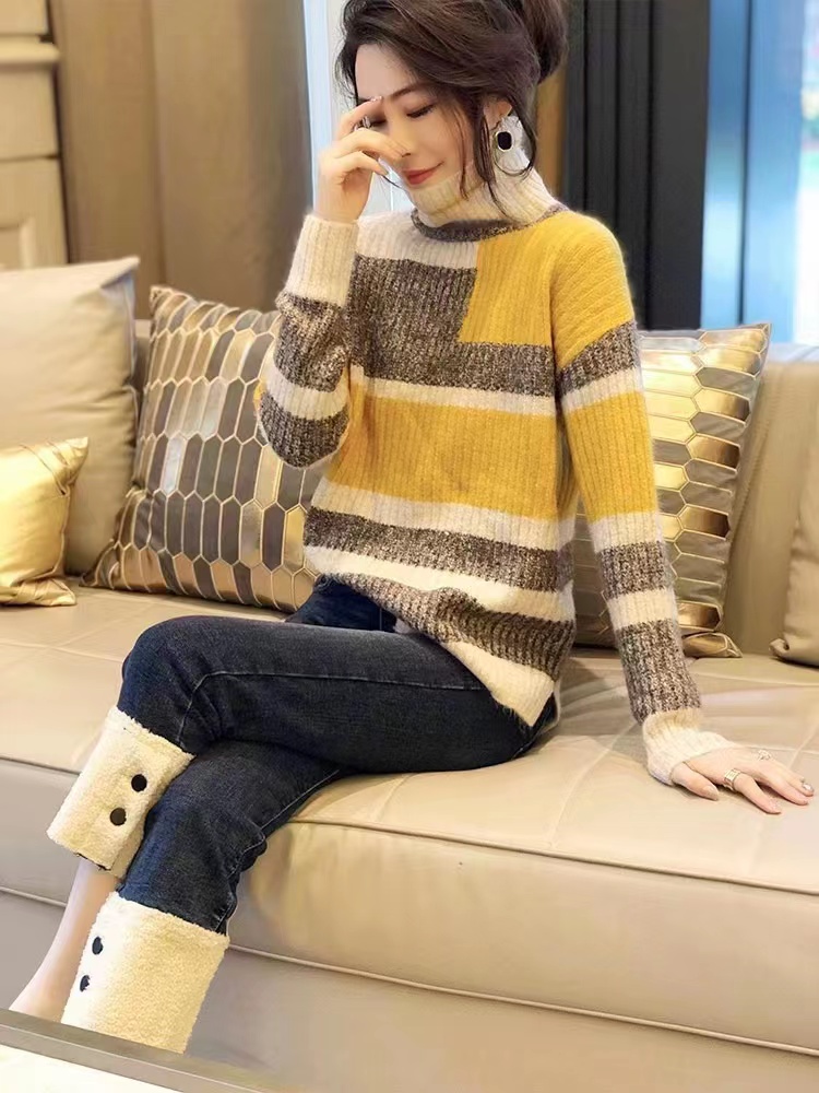 拼色條紋高領毛衣女百搭打底寬鬆毛衫韓版秋冬裝2023新款歐洲站潮
