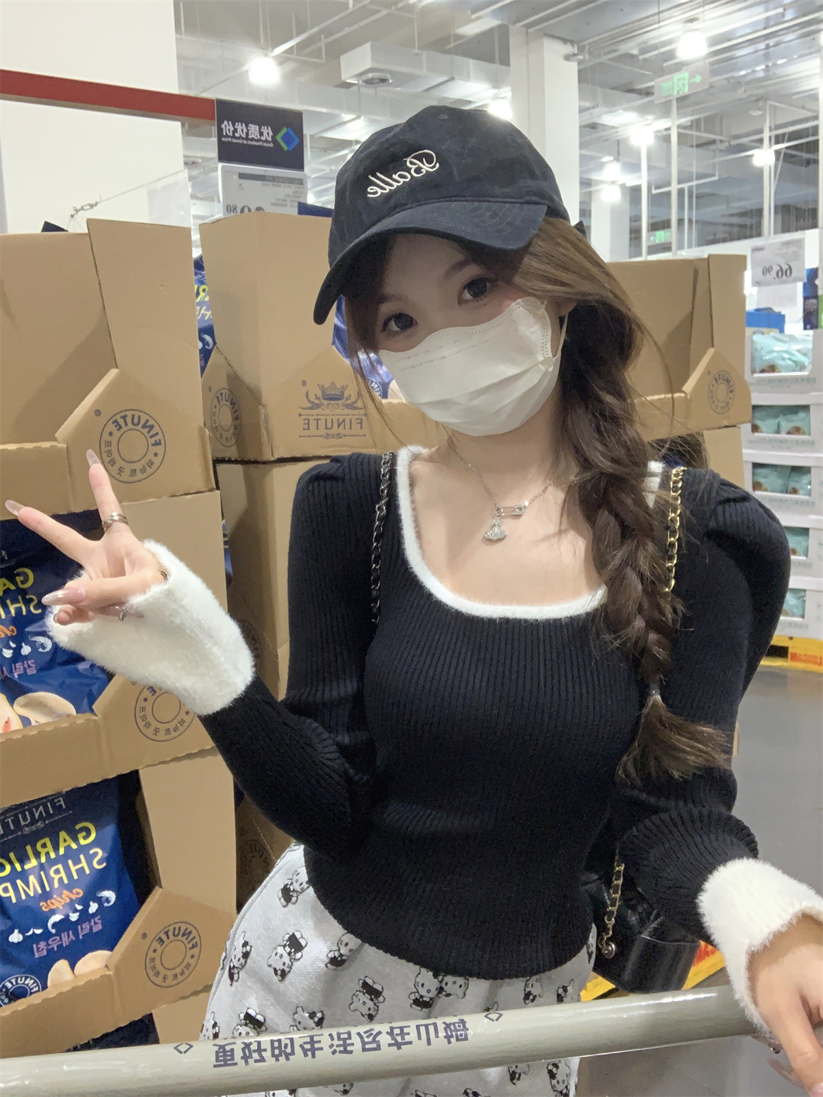實拍 秋冬韓版方領撞色水貂毛拼接喇叭袖別致內搭針織毛衣女