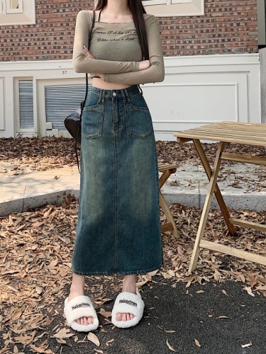 Actual shot ~ high waist slim retro washed denim skirt with slits for women, mid-length skirt with pocket design