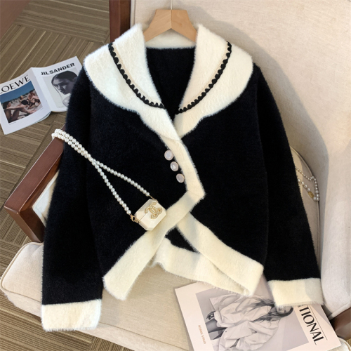 Real shot of high-quality double-sided woolen cardigan jacket, feminine style, small fragrant style, contrasting color short sweater, women's autumn and winter top