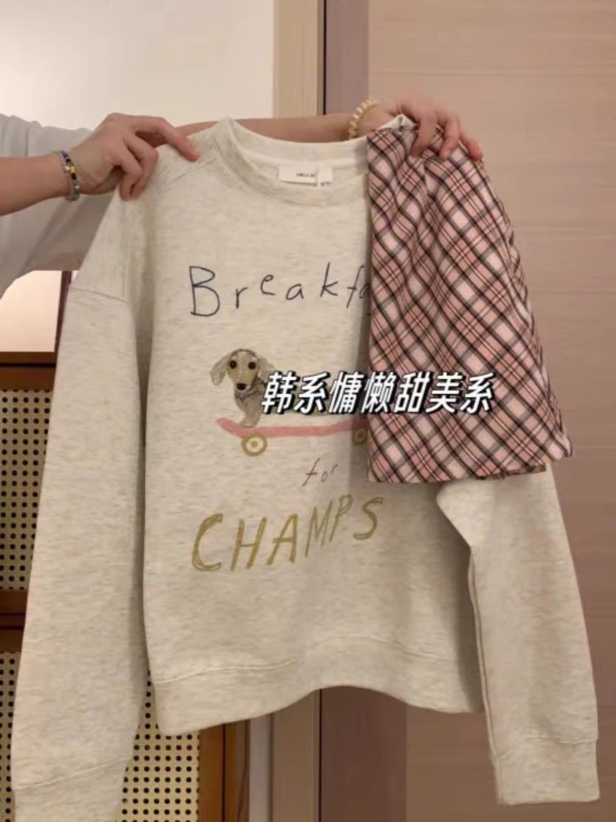 複合 小個子短款衛衣女秋冬裝寬鬆慵懶風長袖圓領上衣