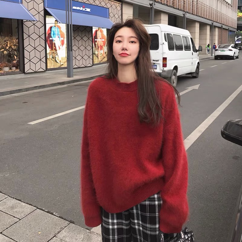 加厚版聖誕紅色仿貂套頭毛衣女冬新款寬鬆慵懶風高級感超好看上衣