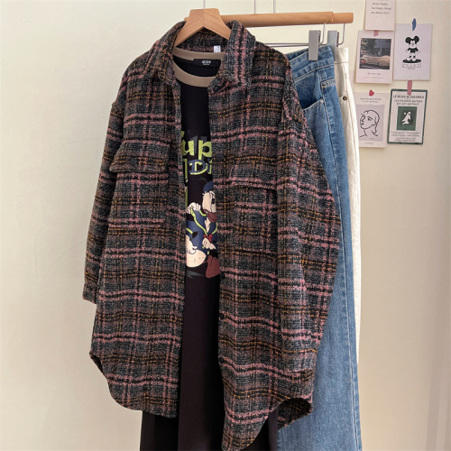 Retro lapel plaid shirt women's autumn and winter mid-length casual top  new loose thickened woolen jacket