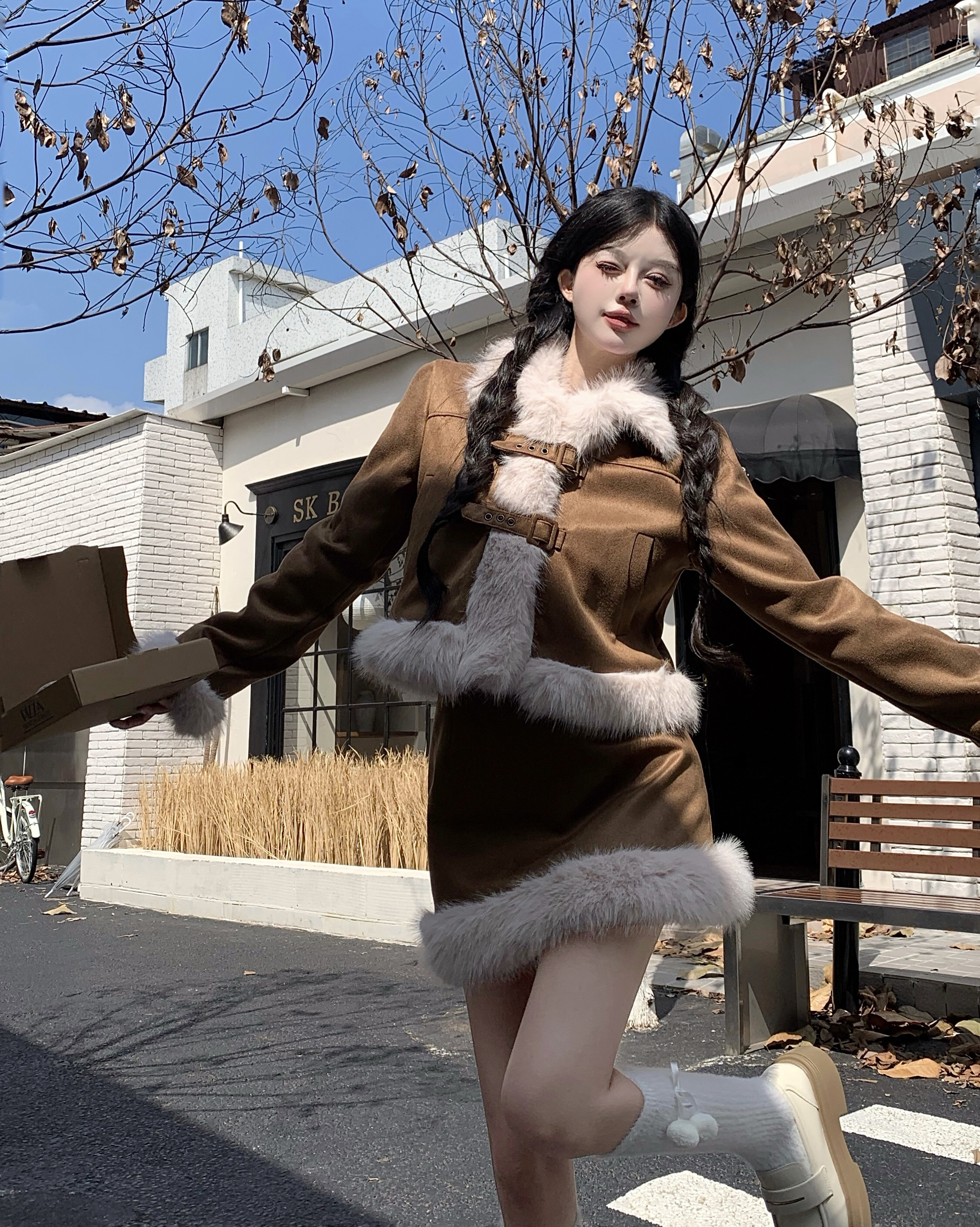 實拍  秋冬新款千金風毛領咖色毛呢外套半身裙兩件套裝女