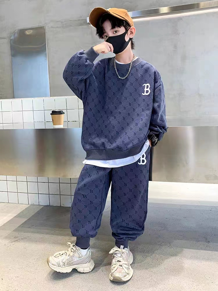 250克魚鱗 童裝衛衣套裝上衣褲子100%寬鬆款印花中大童百搭款圓領