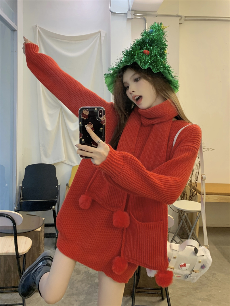 實拍秋冬加厚寬鬆慵懶風聖誕新年紅毛衣寬鬆圓領上衣帶圍巾