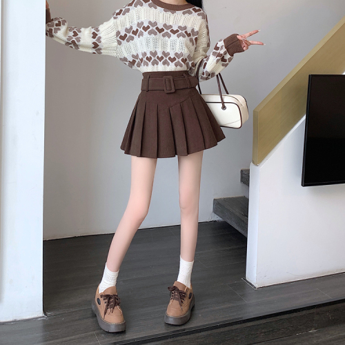 Real shot ~ High-waist pleated short skirt for women 2023 winter versatile A-line anti-exposure corduroy skirt for small people