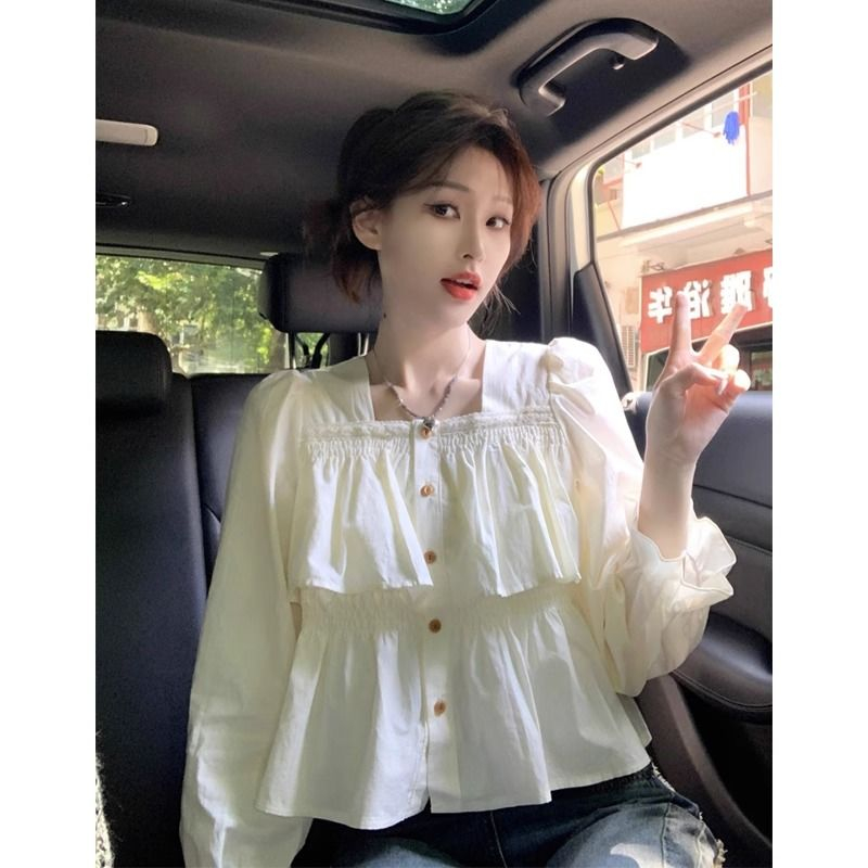 荷葉邊方領長袖襯衫女早秋2023新款韓版減齡寬鬆百搭設計感上衣潮