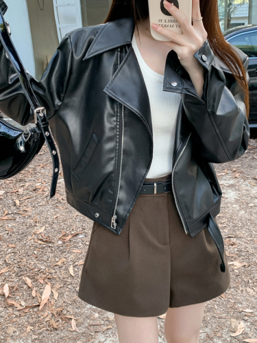 Actual shot~Black PU motorcycle leather jacket women's short new suit collar zipper long-sleeved jacket top