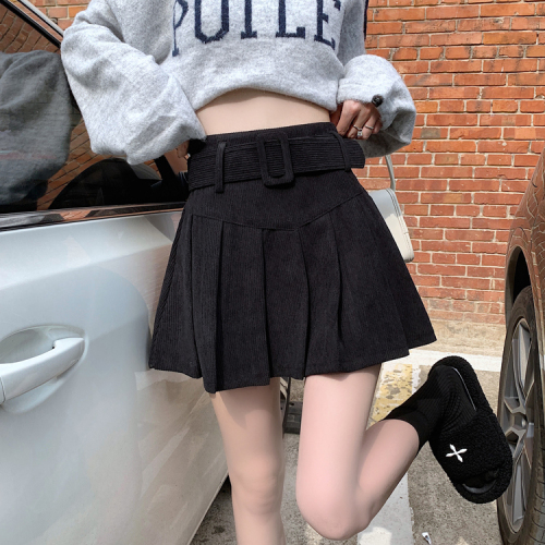 Real shot ~ High-waist pleated short skirt for women 2023 winter versatile A-line anti-exposure corduroy skirt for small people