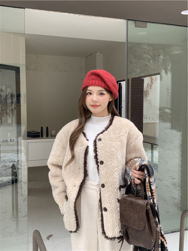 Actual shot of new winter Korean style loose design color matching fur one-piece plush warm jacket