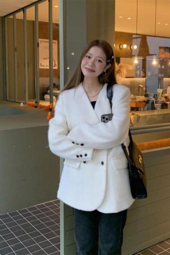 实拍~冬季韩版时尚气质简约双排扣呢子西装外套