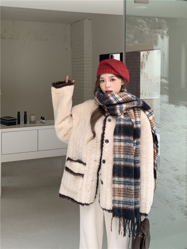 Actual shot of new winter Korean style loose design color matching fur one-piece plush warm jacket