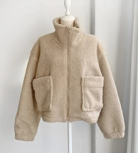 韩国chic秋冬新款复古半高领拉链式大口袋百搭加厚保暖羊羔毛外套