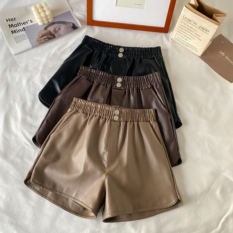 Real shot of autumn Korean style high-waisted slimming A-line wide-leg pants, versatile casual loose PU leather boot shorts