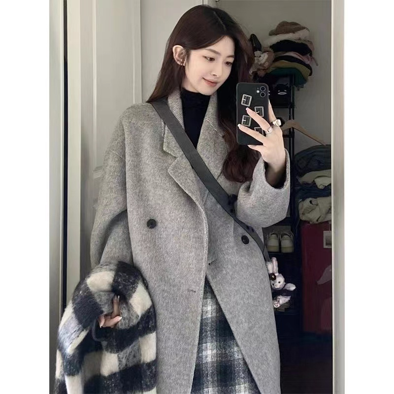 Women's mid-length woolen coat 2023 spring and autumn new style Hepburn style small person loose Korean woolen coat