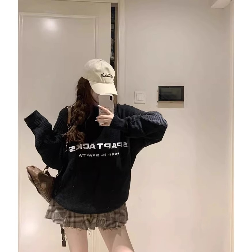 美式氣質復古高街字母印花針織衫女秋冬新款寬鬆時尚百搭別致上衣