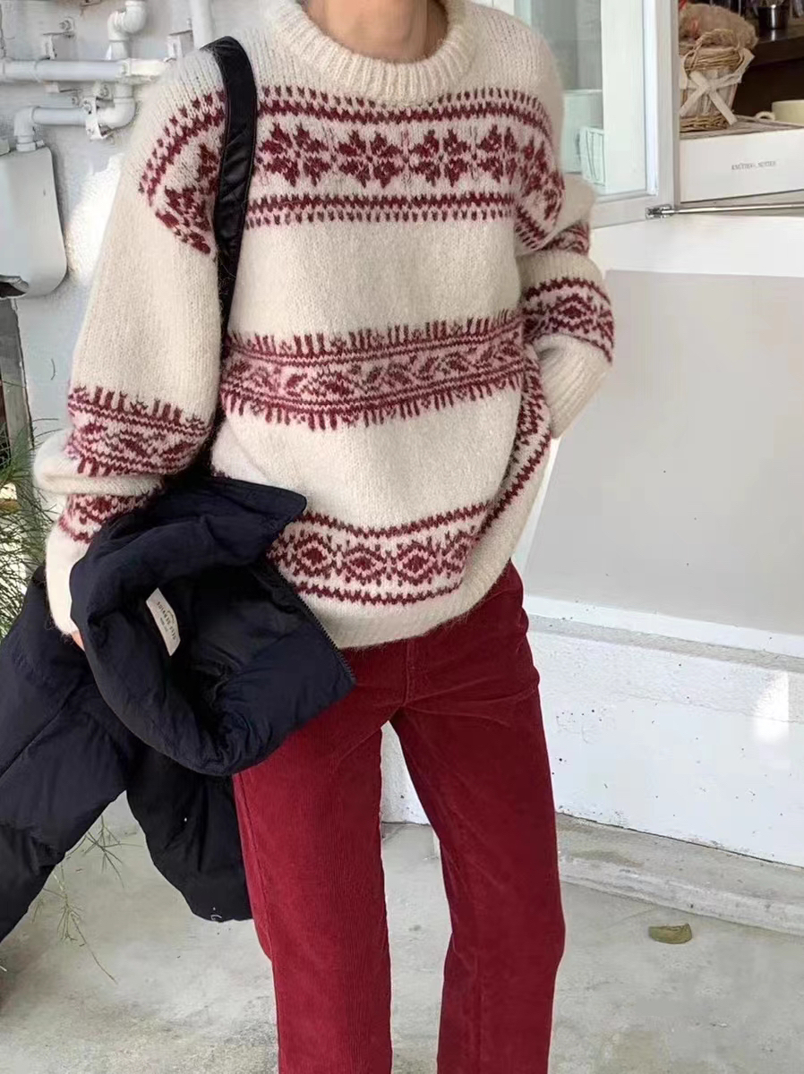 韓版寬鬆顯瘦慵懶風撞色復古提花毛衣女冬圓領加厚針織衫上衣毛衫