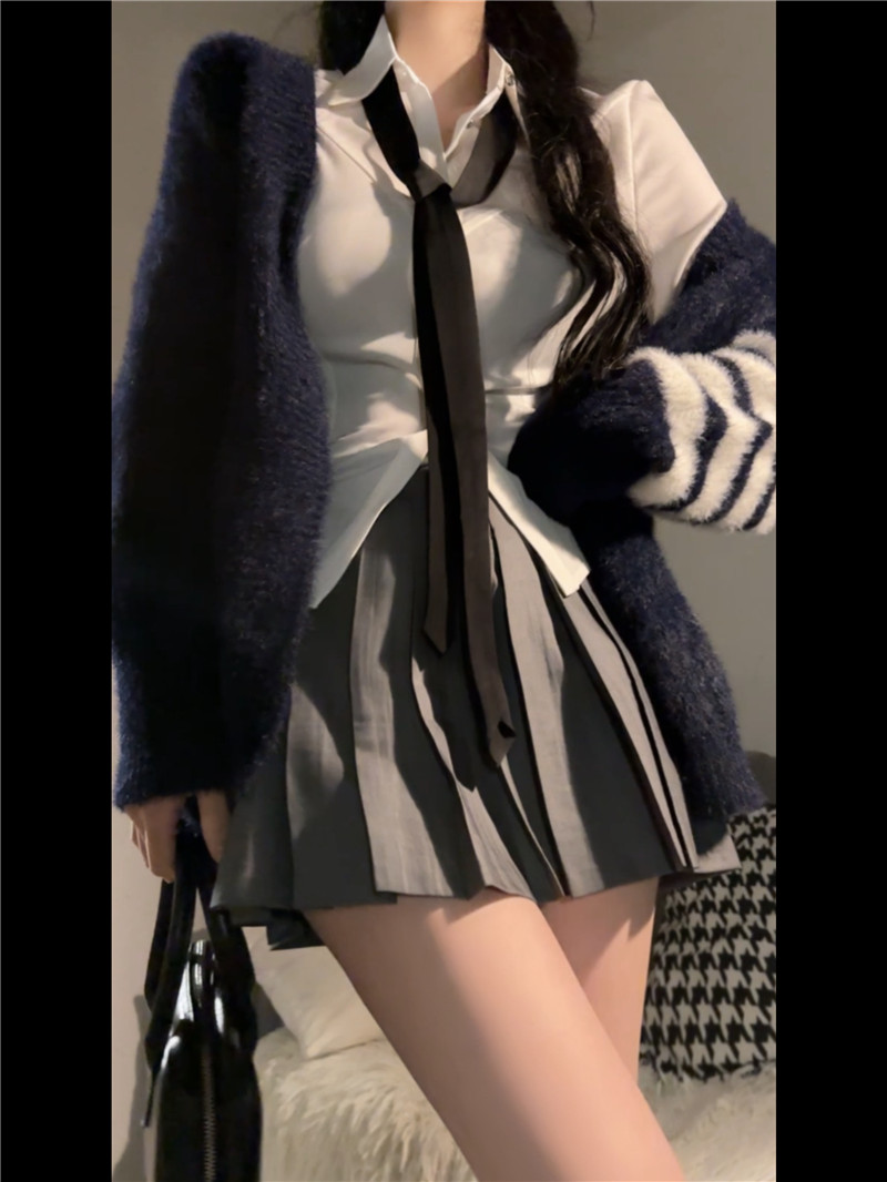 實拍冬季深藍色灰色水貂絨外套V領厚上衣+百褶短裙A字裙