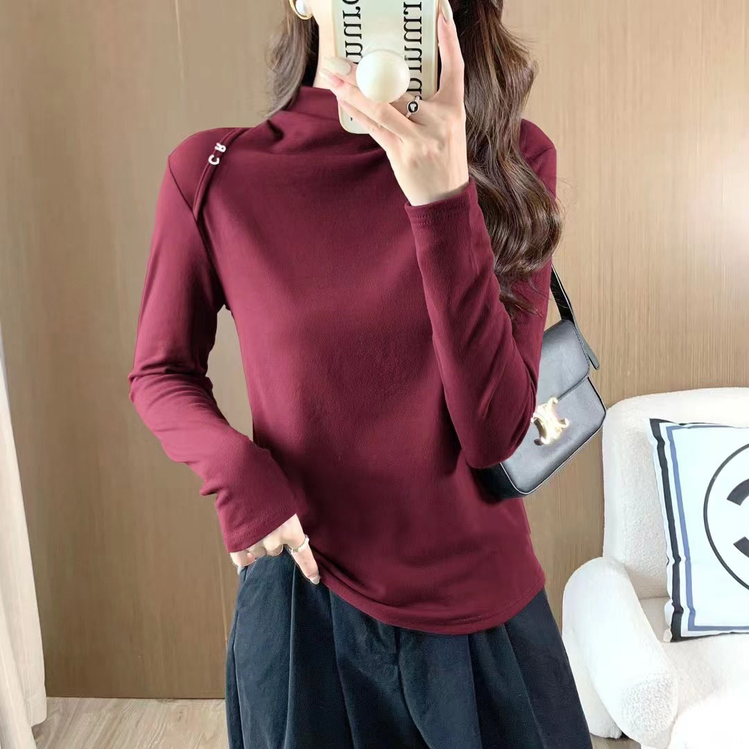 歐貨加厚薄絨長袖T恤女秋冬洋氣修身顯瘦半高領打底衫女內搭上衣