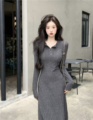 Actual photos~ Autumn/Winter 2023 New French-style waisted slimming long dress with built-in long sleeves and knitting dress