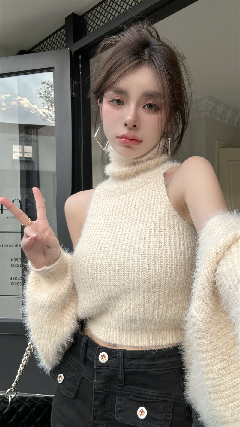 實拍  套裝女秋冬純欲辣妹性感掛脖高領針織打底衫兩件套上衣