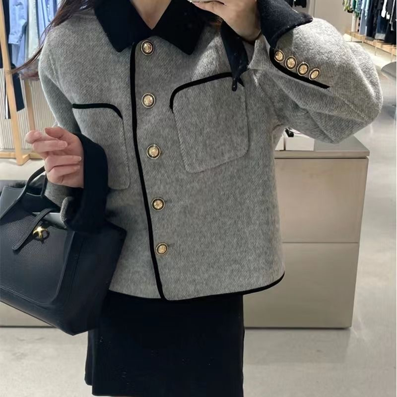 Double-sided woolen coat, women's short coat, celebrity small fragrant style coat, contrasting color autumn and winter new Korean version for small people