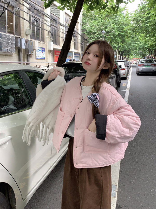 實拍！韓國冬季菱形格撞色百搭口袋棉服外套