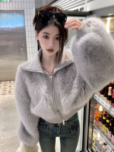 Actual shot of Korean style temperament waisted short imitation fox fur eco-friendly fur coat