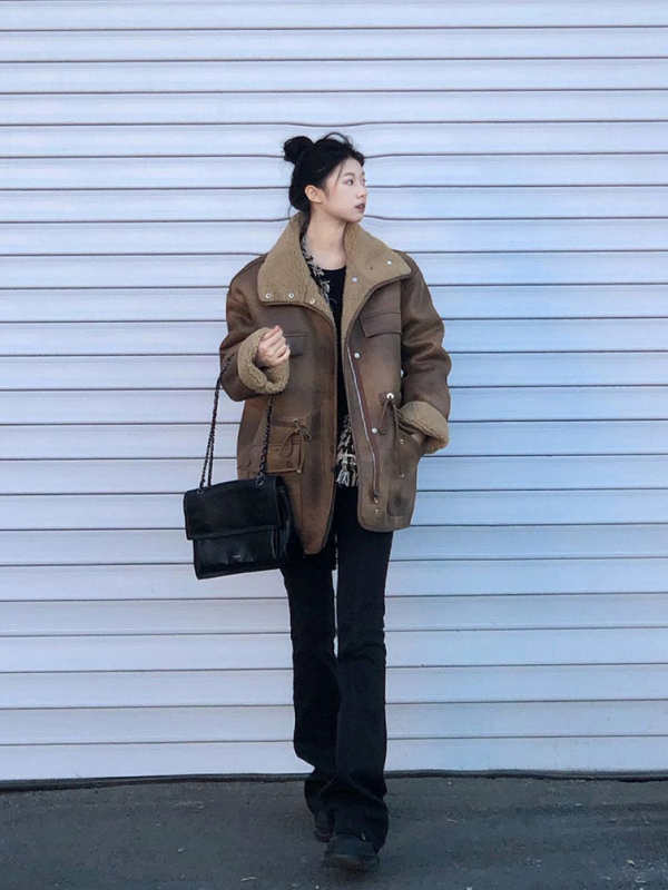 羊羔毛麂皮兩面穿加厚外套女冬季美式潮牌寬鬆做舊加厚機車服上衣