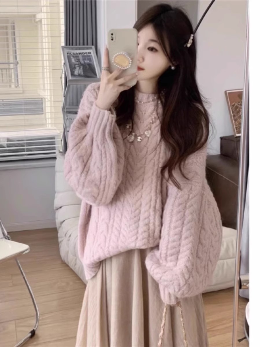 奶fufu軟糯慵懶風復古溫柔粉色毛衣女秋冬加厚外穿寬鬆針織衫上衣