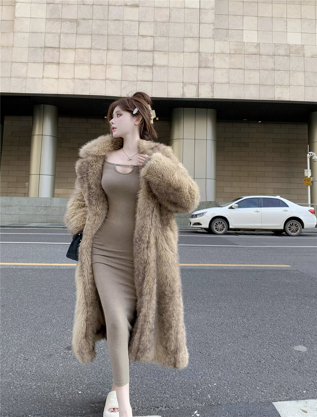 Winter lazy style raccoon fur coat long fur coat waist-cinching eco-friendly fur for women