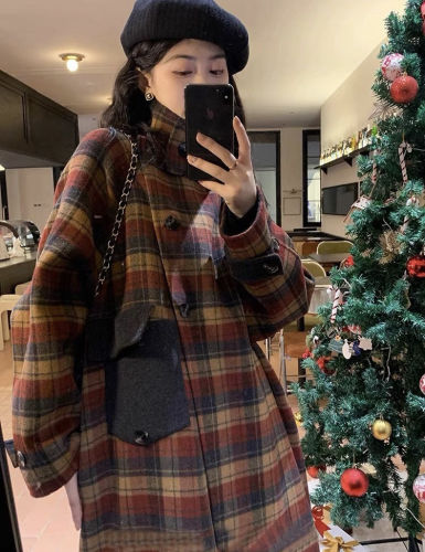 Christmas shirt style exquisite plaid new woolen coat women's mid-length small stand-up collar Korean style fashion coat jacket