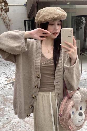 Real shot of khaki thickened lazy style loose Korean style knitted cardigan sweater jacket