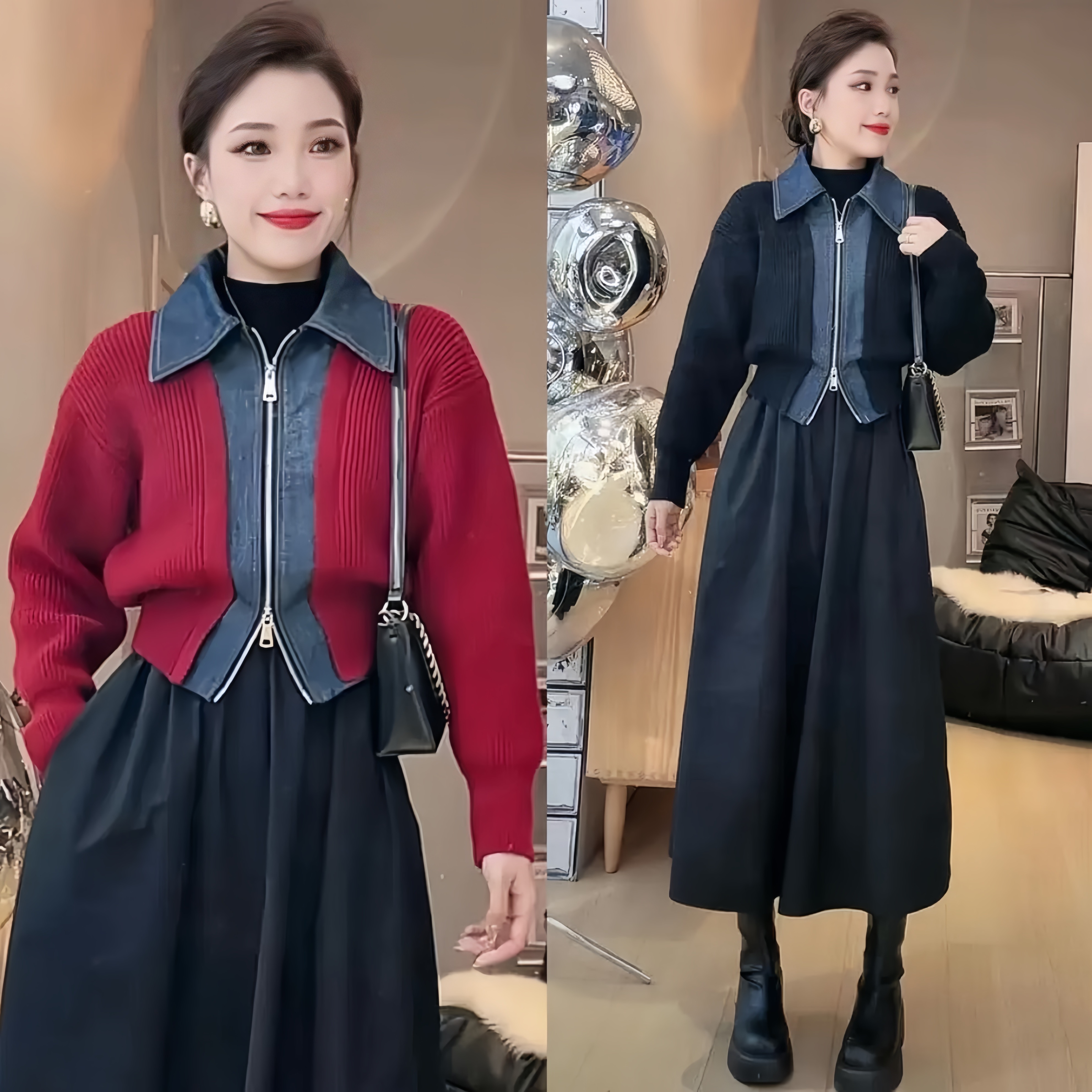 秋冬網紅假兩件女雙頭拉鏈開衫皮皮拼接純色毛衣