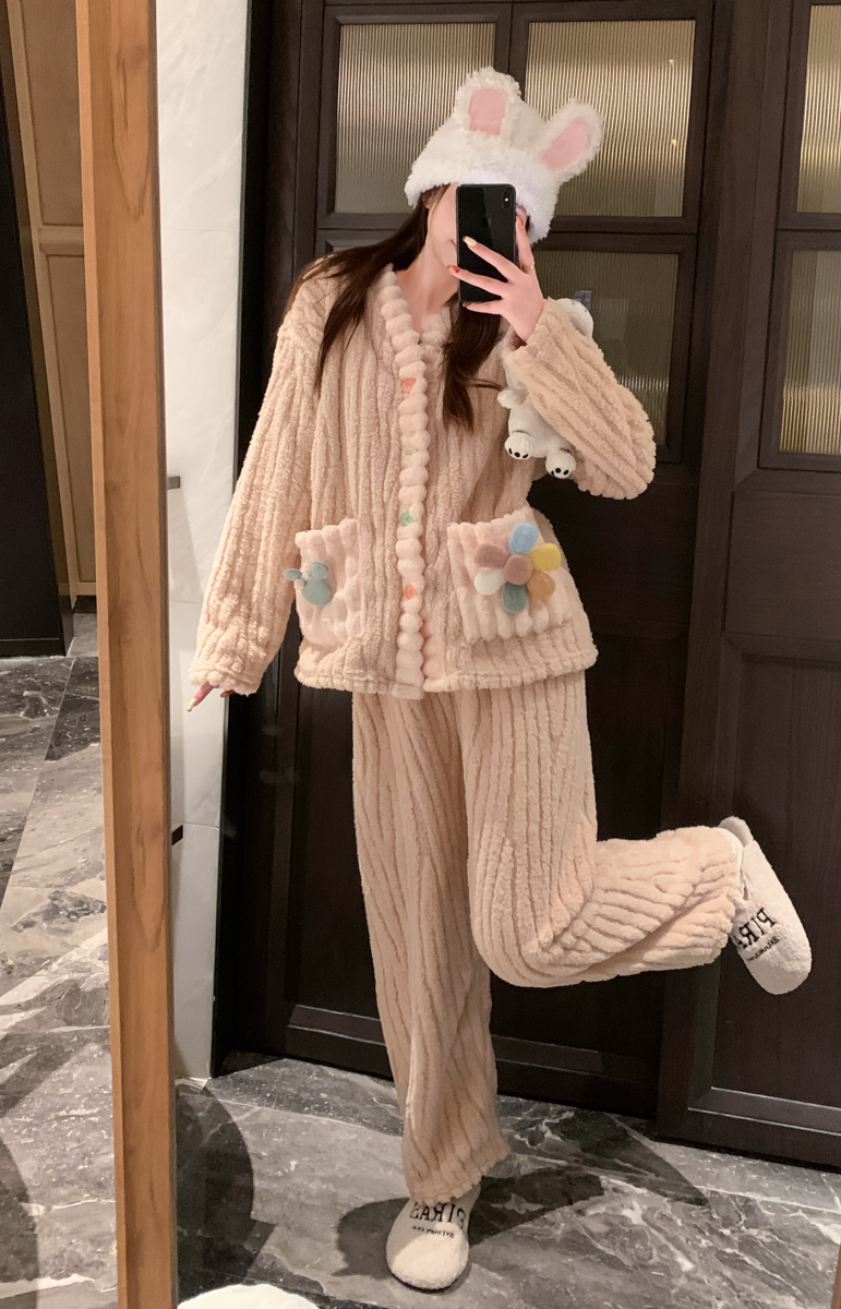 實拍 加絨加厚家居服套裝女2023秋冬季新款珊瑚絨睡衣兩件套