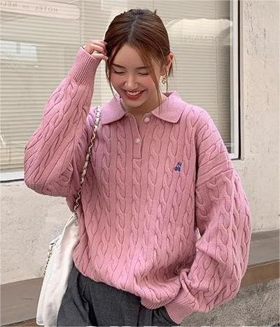 張子萱CheriZ美式復古polo領白色絞花毛衣女秋冬慵懶風藍色針織衫