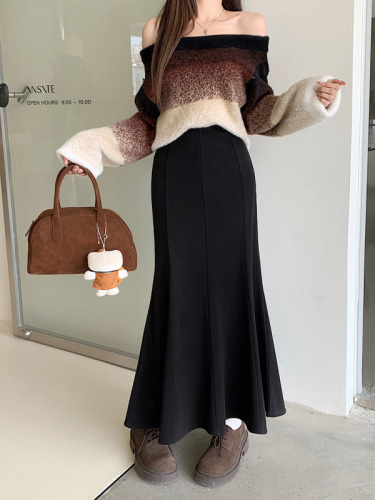 Actual shot ~ Autumn and winter new Korean style fishtail skirt with elastic waist, slim hip-covering skirt, long skirt, trendy for women