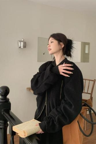 Real shot autumn and winter velvet cotton padded thickening pleated sleeve short jacket with stand-up collar and long zipper 