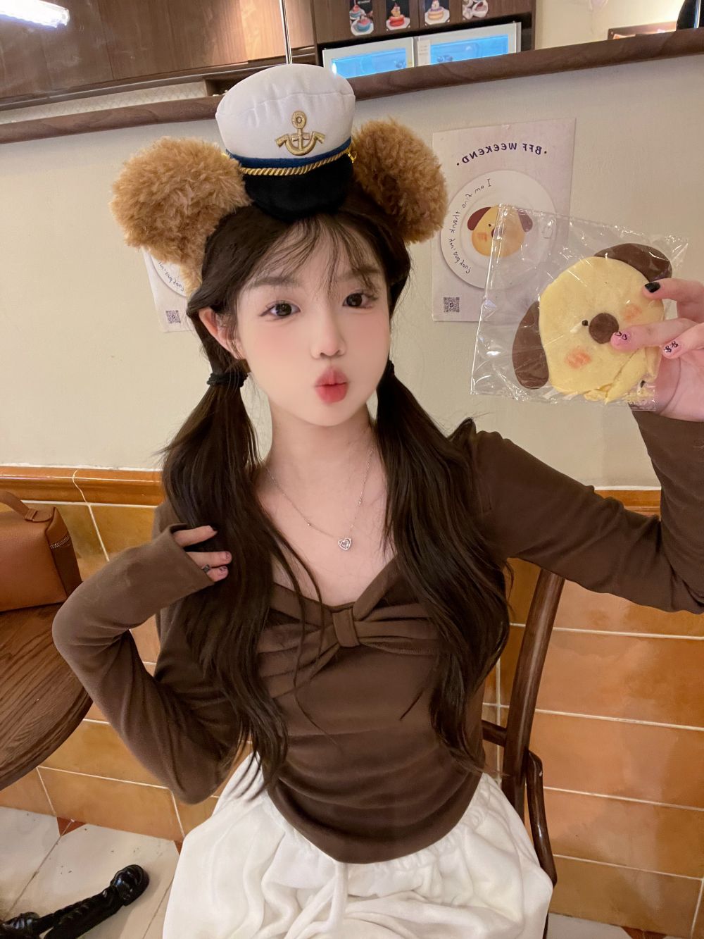 實拍三標齊美拉德方領蝴蝶結長袖設計感短款打底衫