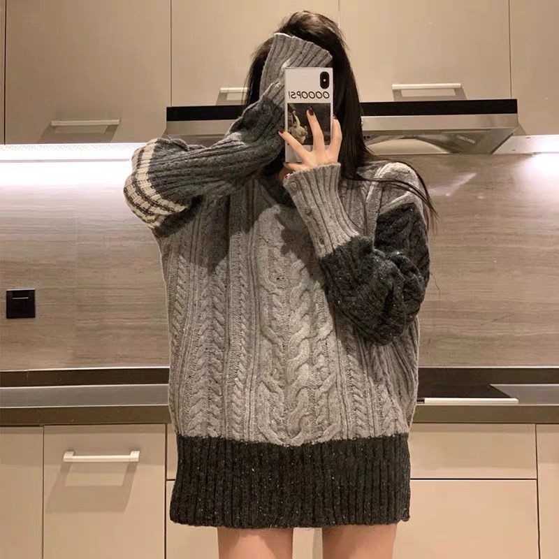TB灰色麻花大毛衣女四條槓學院風寬鬆慵懶撞色外穿加厚毛線上衣冬