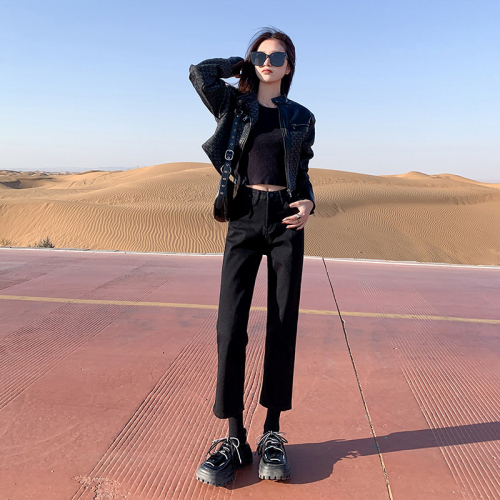 Photographed~  Autumn/Winter Korean Version Fleece Lined Thick Fleece Straight Leg Smoked Pipe Jeans 4-Way Stretch Ins Loafers