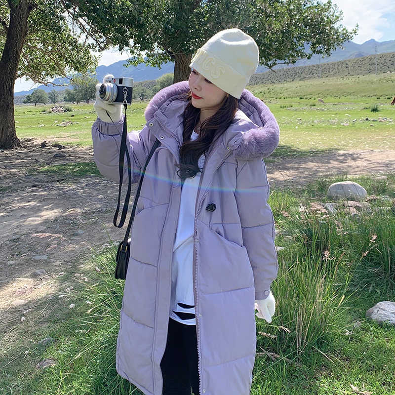 Real shot ~ 2023 plus size women's over-the-knee long large fur collar hooded cotton jacket for fat mm casual and versatile cotton jacket