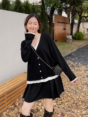 Salt style two-piece set of women's autumn clothing  autumn and winter new sweater large size age-reducing high-end knitted top