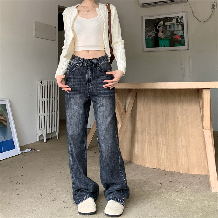 實拍2023秋季時尚寬鬆直筒褲長褲女 高腰設計感牛仔褲拖地褲