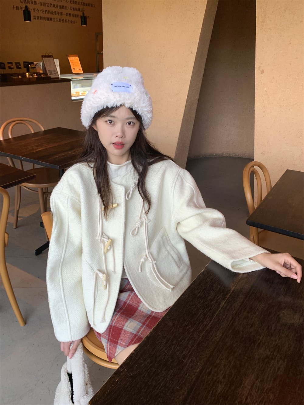 實拍甜美減齡毛呢牛角扣外套秋冬寬鬆顯瘦上衣