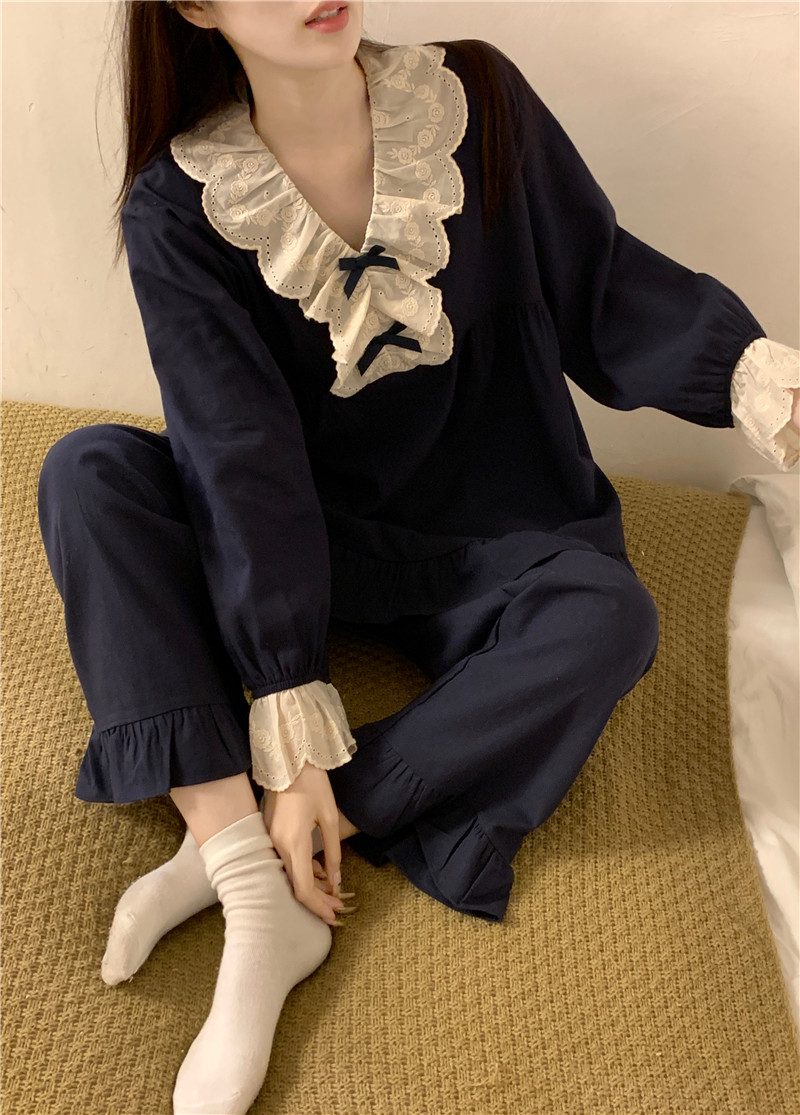 實拍韓版全棉甜美小公主蕾絲可愛蝴蝶結V領秋季長袖家居服套