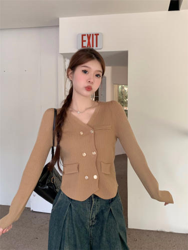 Real shot of new autumn and winter V-neck temperament double-breasted long-sleeved knitted cardigan niche irregular hem sweater