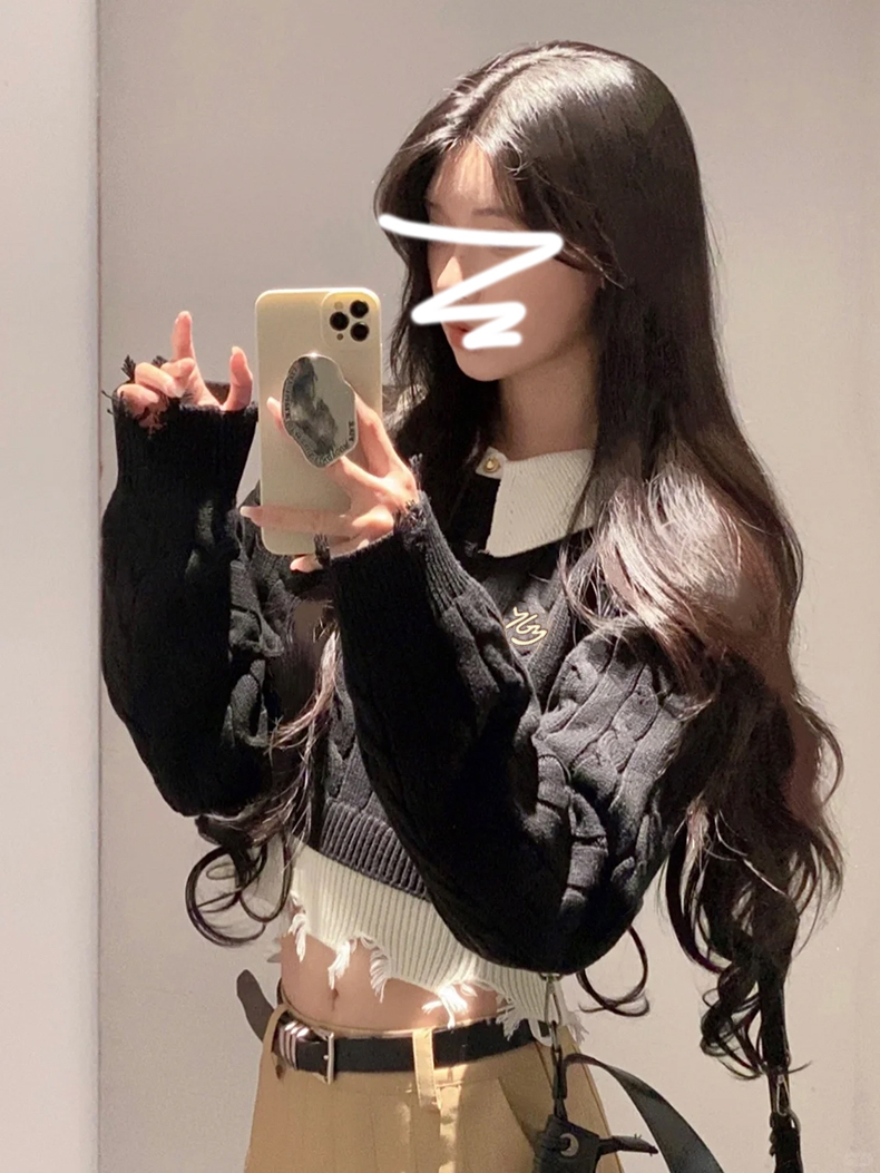 辣妹POLO領毛衣女春秋冬2023新款設計感小眾假兩件針織衫短款上衣